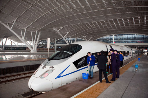 A Chinese-built high-speed train at the Wuhan Railway Station, in Wuhan, China.